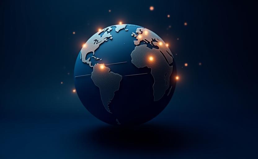 A 3D globe with sand-colored dots on various countries.
